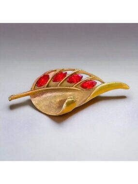 Vintage Leaf Brooch Pin Gold Tone Orange Rhinestones Accent Statement Autumn 3"